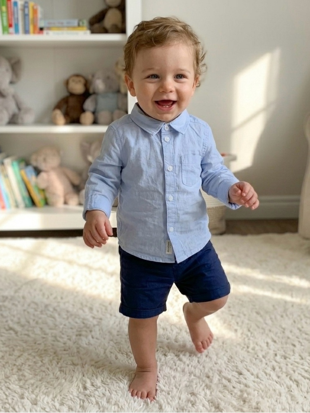 H&M Seersucker Button-Down Shirt and Navy Chino Shorts Set, 12-18 Months